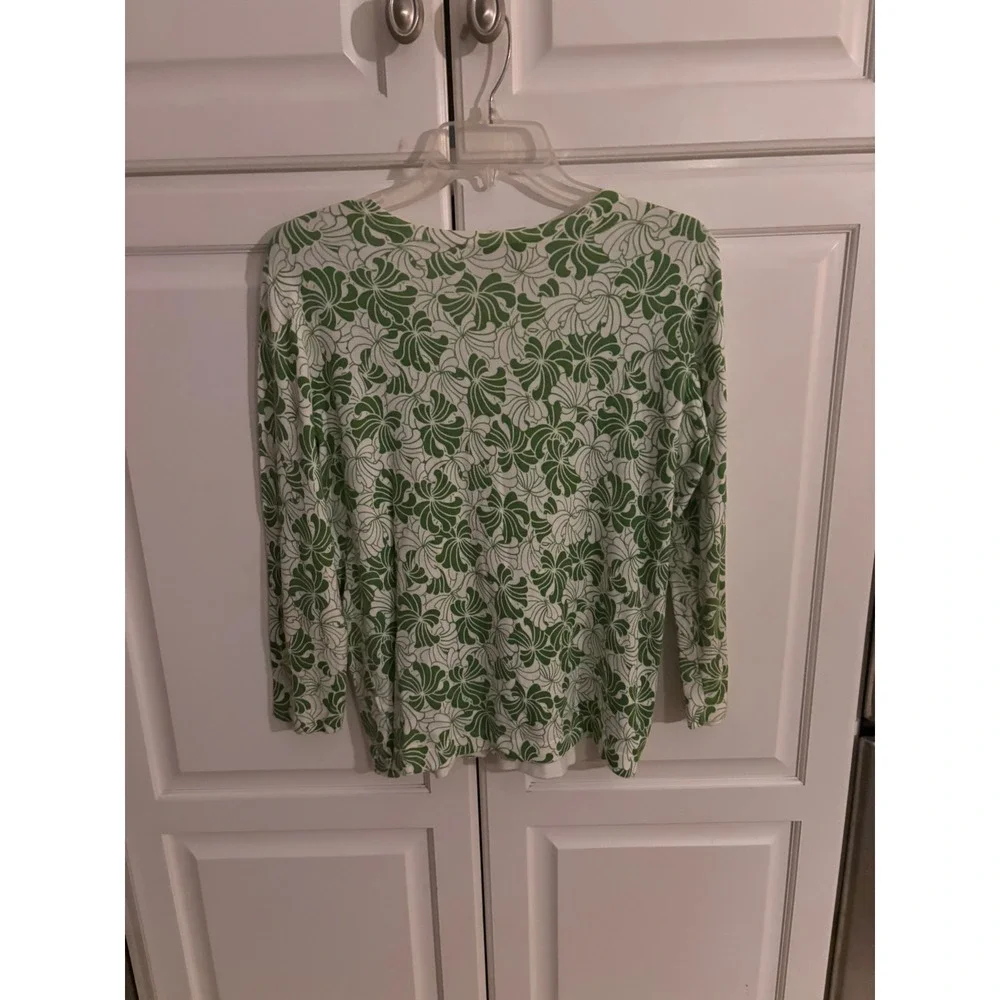 Yves Dressbarn Womens Green White‎ Floral Cardigan Sweater Size L Button Front